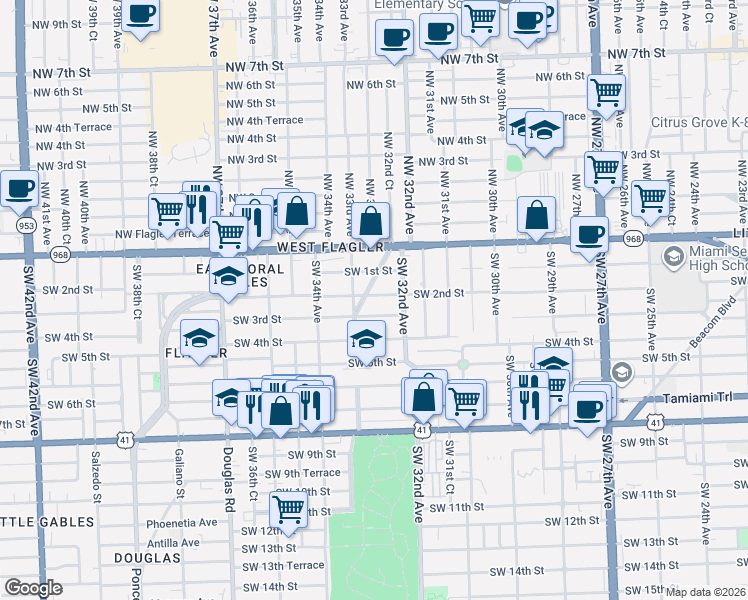 map of restaurants, bars, coffee shops, grocery stores, and more near 3242 Southwest 2nd Street in Miami