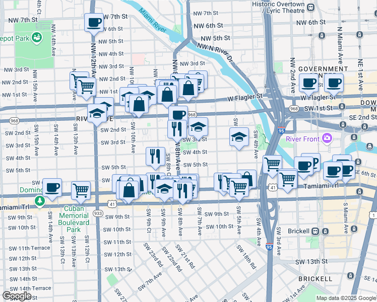 map of restaurants, bars, coffee shops, grocery stores, and more near 782 Southwest 4th Street in Miami