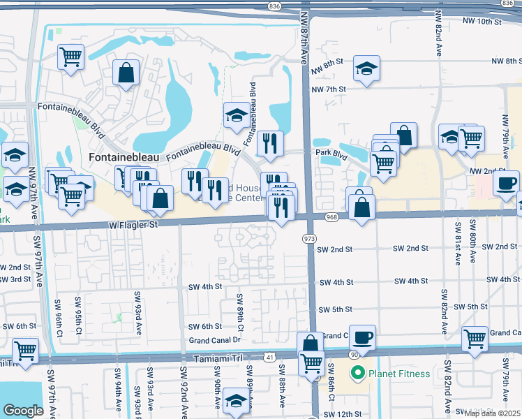 map of restaurants, bars, coffee shops, grocery stores, and more near 110 Fontainebleau Boulevard in Doral