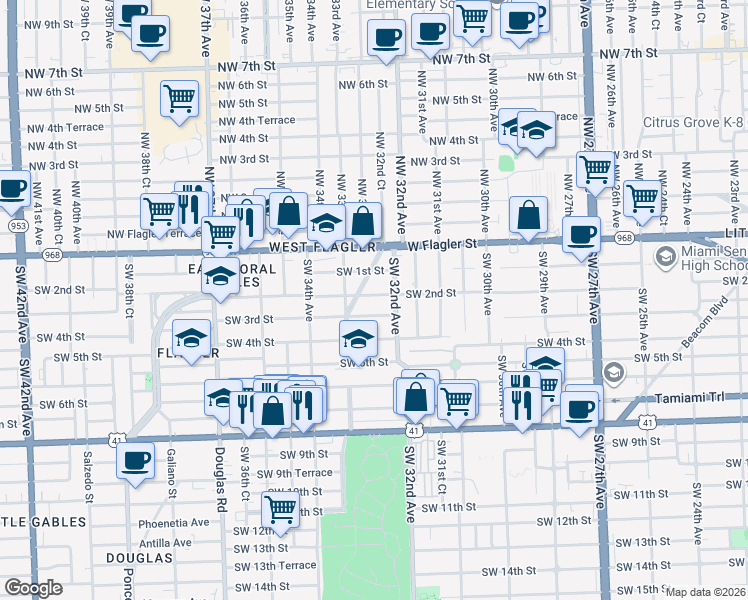 map of restaurants, bars, coffee shops, grocery stores, and more near 3242 Southwest 2nd Street in Miami