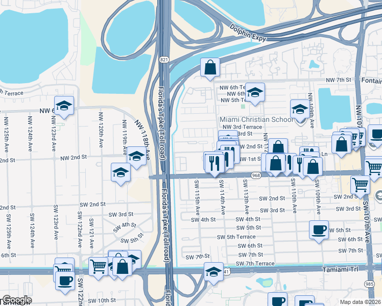 map of restaurants, bars, coffee shops, grocery stores, and more near 11699 Northwest 2nd Street in Miami