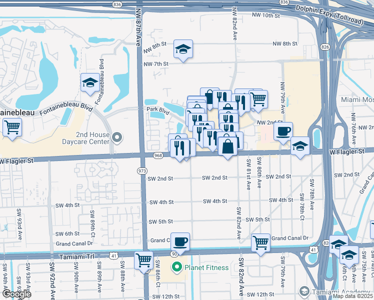 map of restaurants, bars, coffee shops, grocery stores, and more near 8406 NW 1st Terrace in Miami