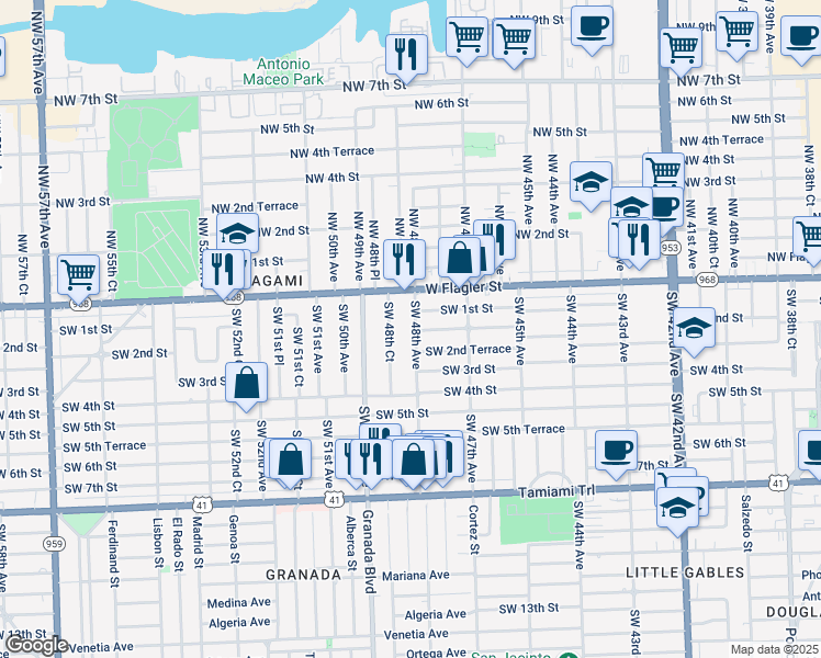 map of restaurants, bars, coffee shops, grocery stores, and more near 148 Southwest 48th Avenue in Coral Gables