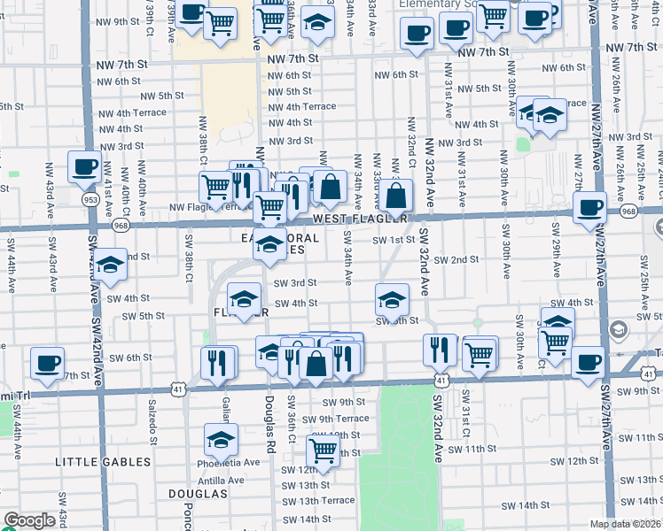 map of restaurants, bars, coffee shops, grocery stores, and more near 3400 Southwest 2nd Street in Miami