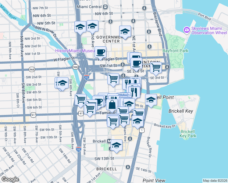 map of restaurants, bars, coffee shops, grocery stores, and more near 24 Southwest 4th Street in Miami