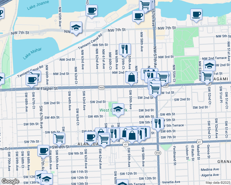map of restaurants, bars, coffee shops, grocery stores, and more near 54 Southwest 60th Avenue in Miami