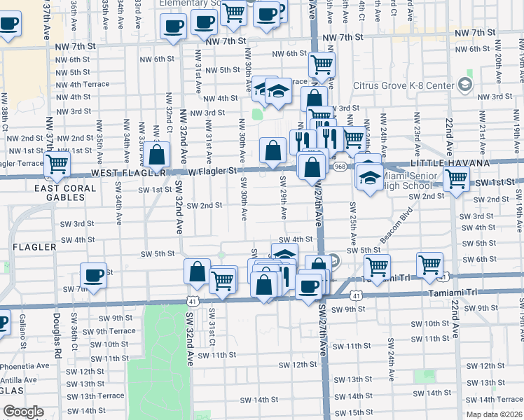 map of restaurants, bars, coffee shops, grocery stores, and more near 2966 Southwest 2nd Street in Miami