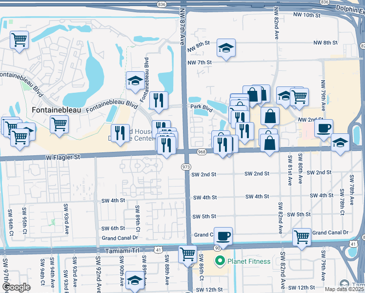map of restaurants, bars, coffee shops, grocery stores, and more near 968 Northwest 87th Avenue in Miami