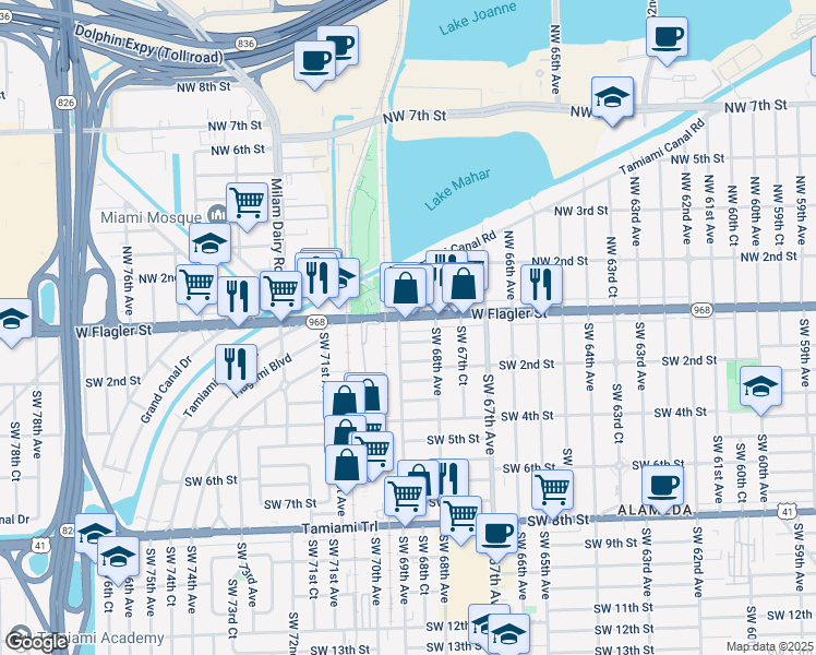 map of restaurants, bars, coffee shops, grocery stores, and more near 6886 West Flagler Street in Miami