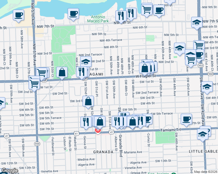 map of restaurants, bars, coffee shops, grocery stores, and more near 130 Southwest 50th Avenue in Miami