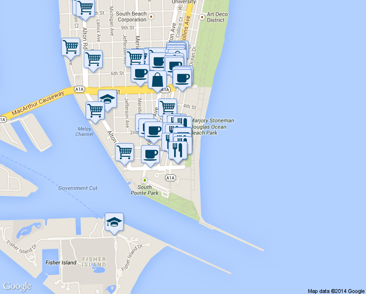 map of restaurants, bars, coffee shops, grocery stores, and more near 121 Ocean Drive in Miami Beach