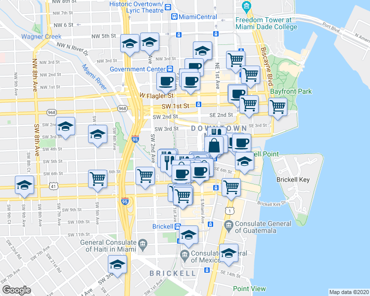 map of restaurants, bars, coffee shops, grocery stores, and more near 24 Southwest 4th Street in Miami