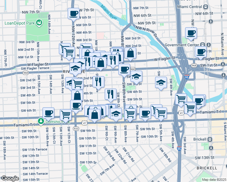 map of restaurants, bars, coffee shops, grocery stores, and more near 332 Southwest 9th Avenue in Miami