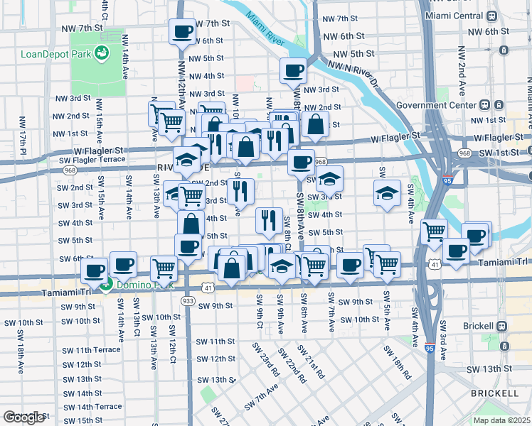 map of restaurants, bars, coffee shops, grocery stores, and more near 332 Southwest 9th Avenue in Miami