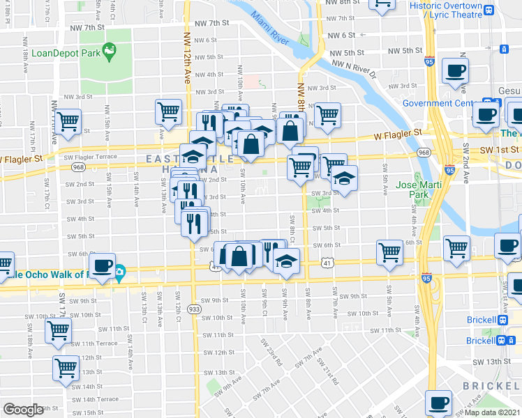 map of restaurants, bars, coffee shops, grocery stores, and more near 337 Southwest 10th Avenue in Miami