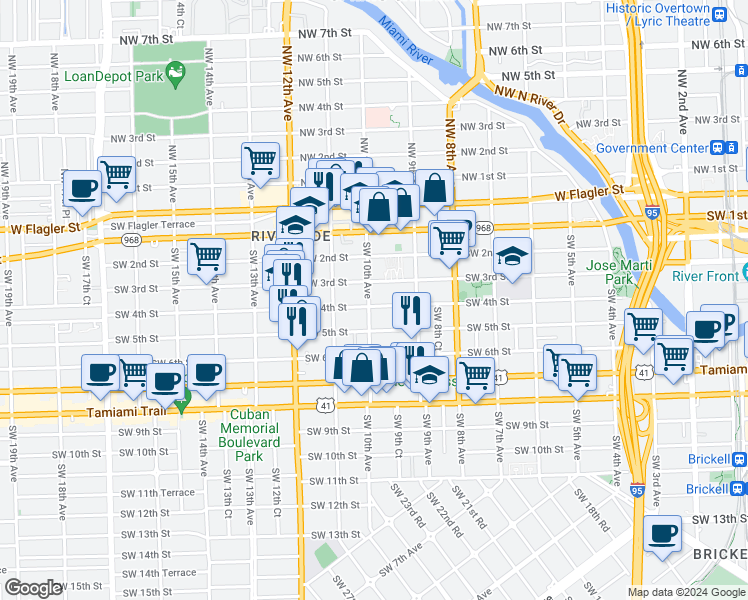 map of restaurants, bars, coffee shops, grocery stores, and more near 337 Southwest 10th Avenue in Miami