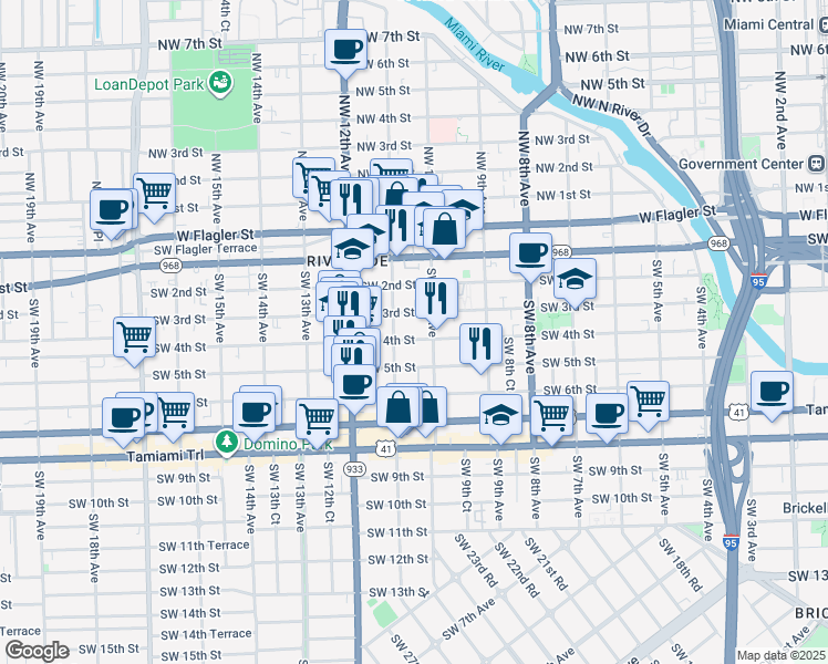 map of restaurants, bars, coffee shops, grocery stores, and more near 1055 Southwest 4th Street in Miami