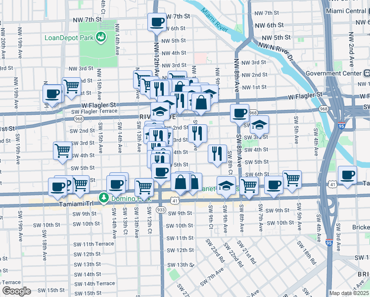 map of restaurants, bars, coffee shops, grocery stores, and more near 1055 Southwest 4th Street in Miami