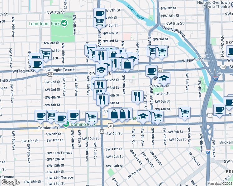 map of restaurants, bars, coffee shops, grocery stores, and more near 1055 Southwest 4th Street in Miami