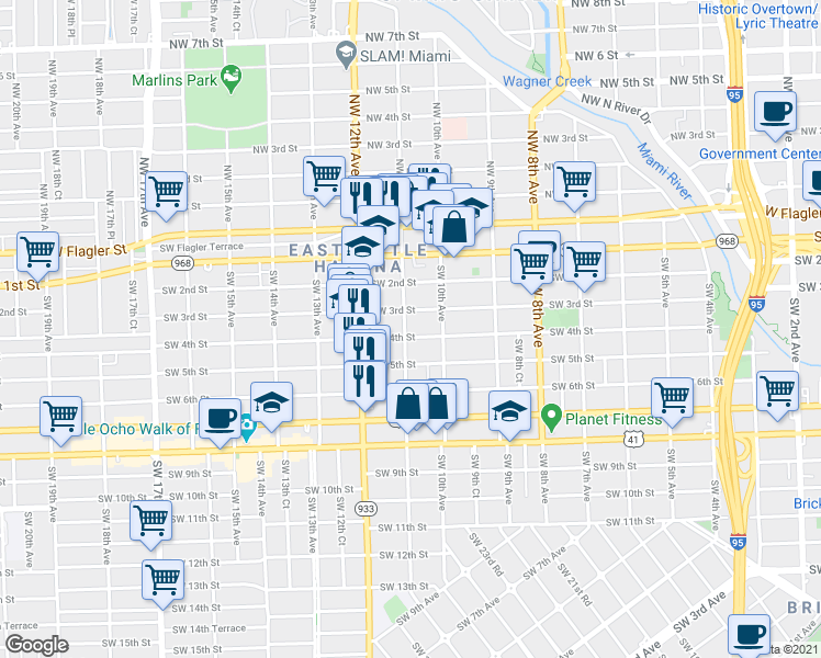 map of restaurants, bars, coffee shops, grocery stores, and more near 1055 Southwest 4th Street in Miami