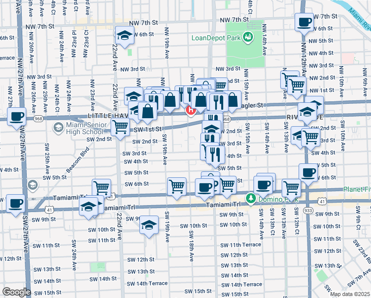 map of restaurants, bars, coffee shops, grocery stores, and more near 1771 Southwest 3rd Street in Miami