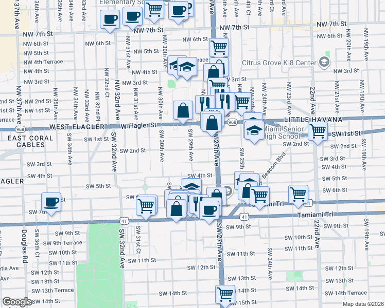 map of restaurants, bars, coffee shops, grocery stores, and more near 2836 Southwest 2nd Street in Miami