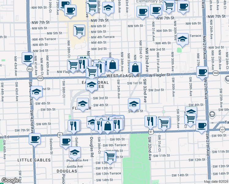 map of restaurants, bars, coffee shops, grocery stores, and more near 3400 Southwest 2nd Street in Miami