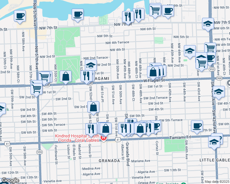 map of restaurants, bars, coffee shops, grocery stores, and more near 130 Southwest 50th Avenue in Miami