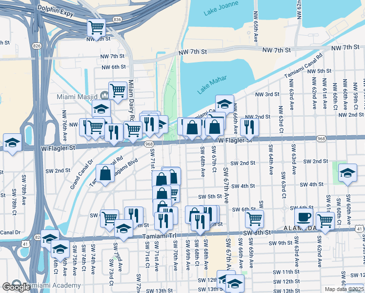 map of restaurants, bars, coffee shops, grocery stores, and more near 6923 West Flagler Street in Miami