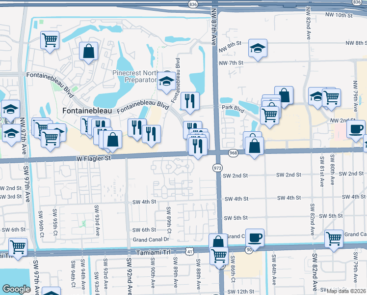 map of restaurants, bars, coffee shops, grocery stores, and more near 110 Fontainebleau Boulevard in Doral
