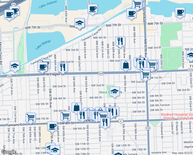map of restaurants, bars, coffee shops, grocery stores, and more near 34 Southwest 62nd Avenue in Miami