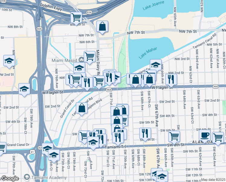 map of restaurants, bars, coffee shops, grocery stores, and more near 7070 West Flagler Street in Miami
