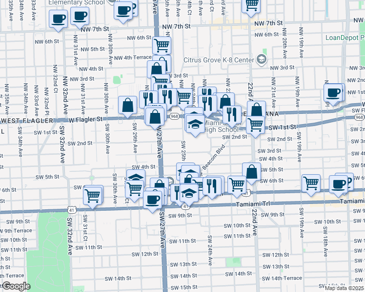 map of restaurants, bars, coffee shops, grocery stores, and more near 8 Southwest 25th Avenue in Miami