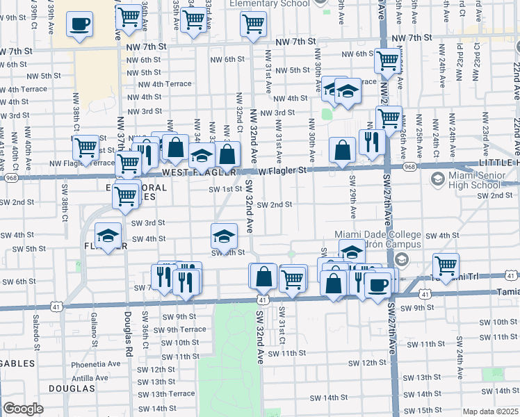 map of restaurants, bars, coffee shops, grocery stores, and more near 3172 Southwest 2nd Street in Miami