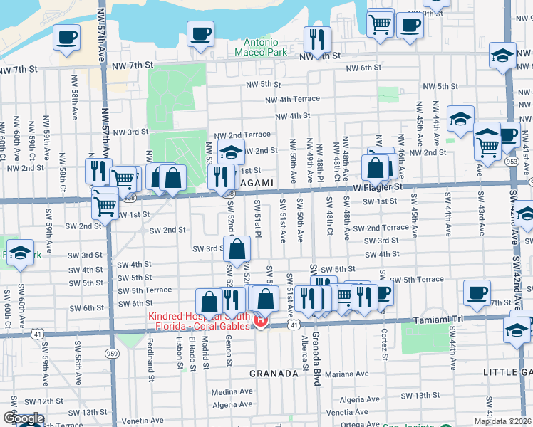 map of restaurants, bars, coffee shops, grocery stores, and more near 120 Southwest 51st Court in Coral Gables