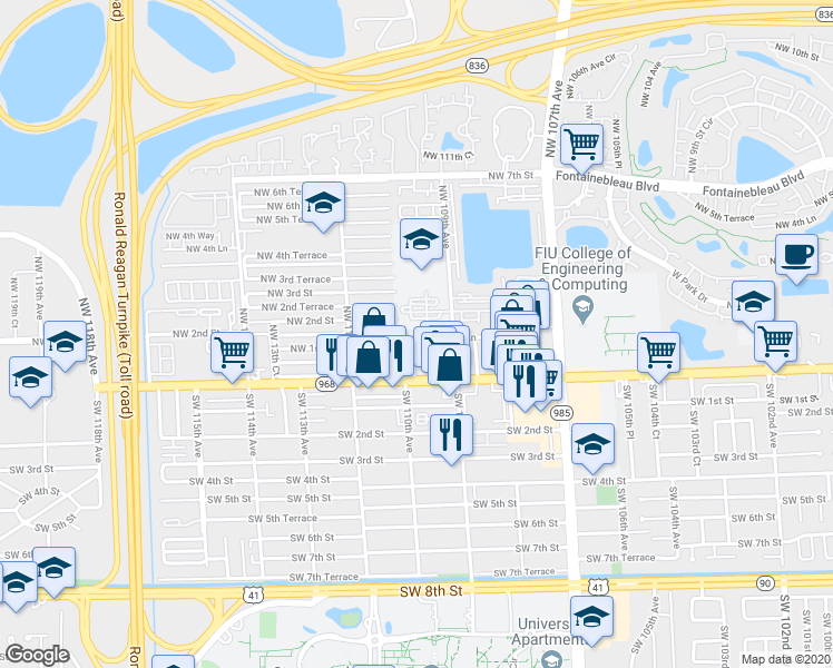 map of restaurants, bars, coffee shops, grocery stores, and more near 10951 Northwest 109th Place in Miami