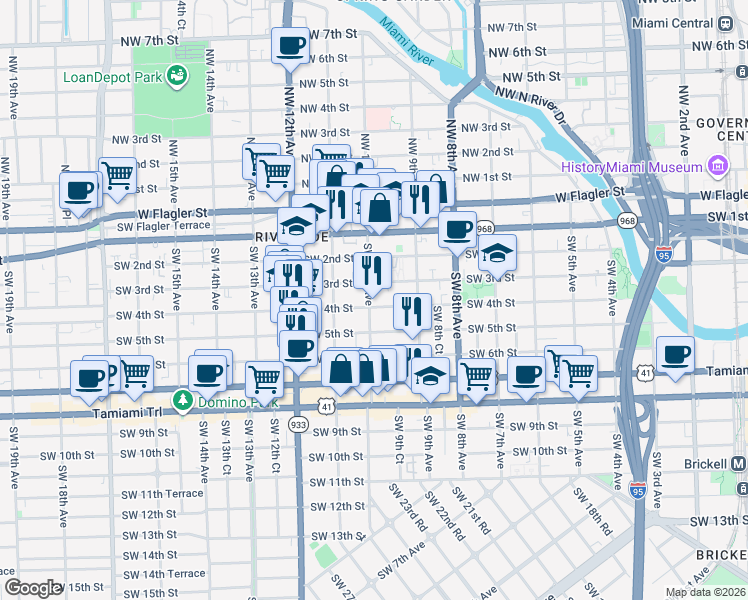 map of restaurants, bars, coffee shops, grocery stores, and more near 337 Southwest 10th Avenue in Miami