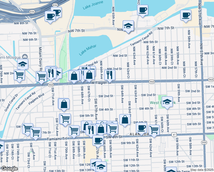 map of restaurants, bars, coffee shops, grocery stores, and more near 24 Southwest 65th Avenue in Miami