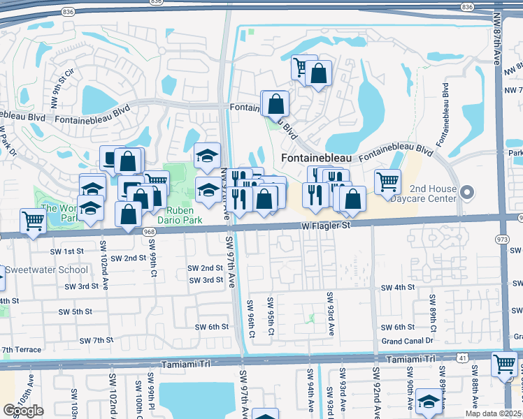 map of restaurants, bars, coffee shops, grocery stores, and more near 9473 West Flagler Street in Miami