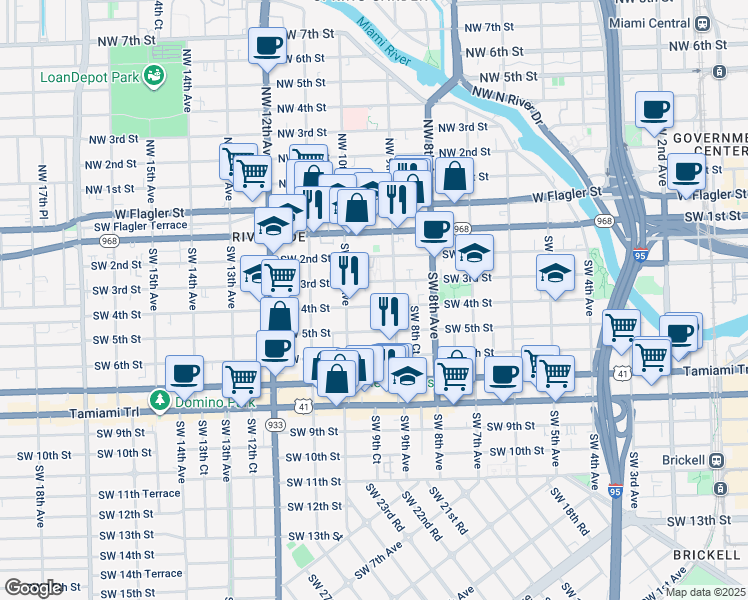 map of restaurants, bars, coffee shops, grocery stores, and more near 332 Southwest 9th Avenue in Miami