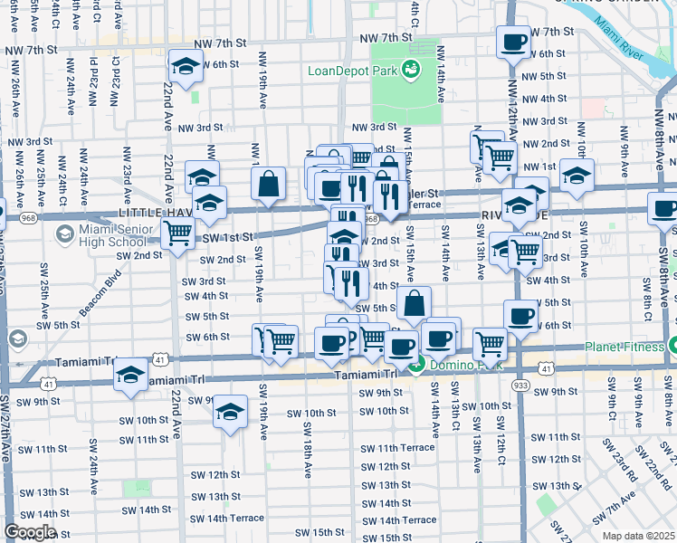 map of restaurants, bars, coffee shops, grocery stores, and more near 1711 Southwest 3rd Street in Miami