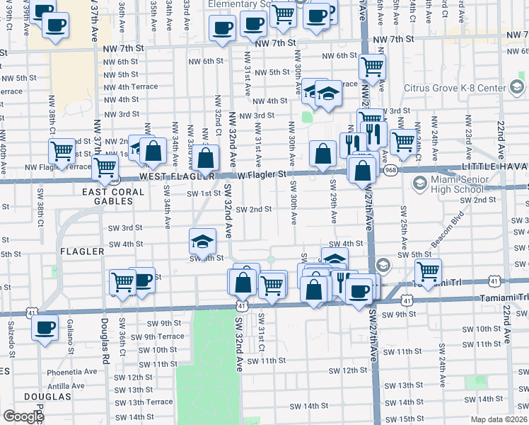map of restaurants, bars, coffee shops, grocery stores, and more near 209 Southwest 31st Avenue in Miami