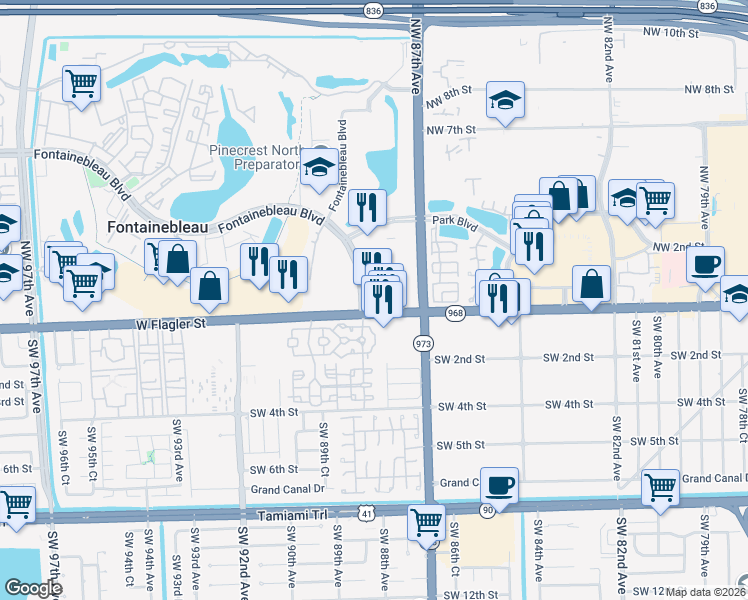 map of restaurants, bars, coffee shops, grocery stores, and more near 8775 West Flagler Street in Miami