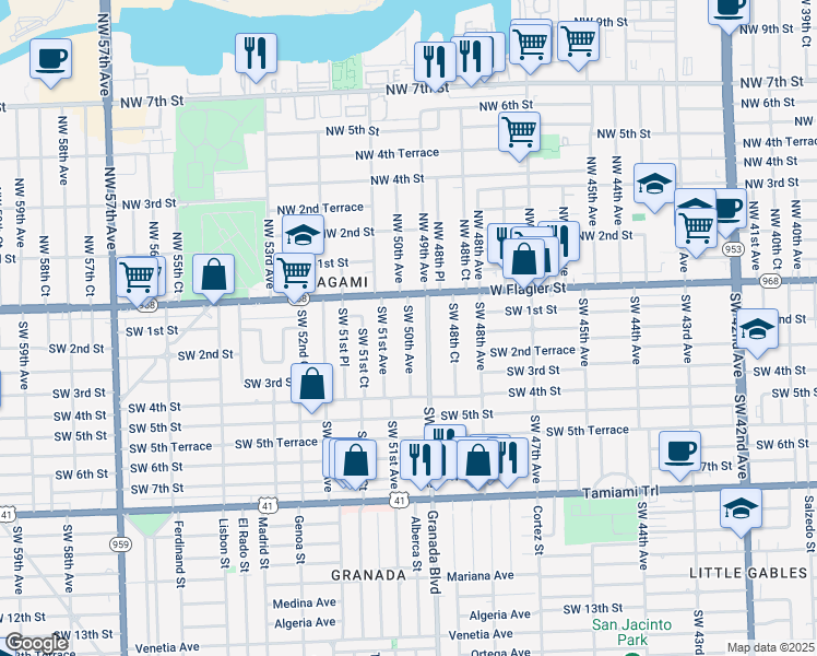 map of restaurants, bars, coffee shops, grocery stores, and more near 130 Southwest 50th Avenue in Miami