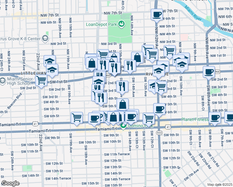 map of restaurants, bars, coffee shops, grocery stores, and more near in Miami