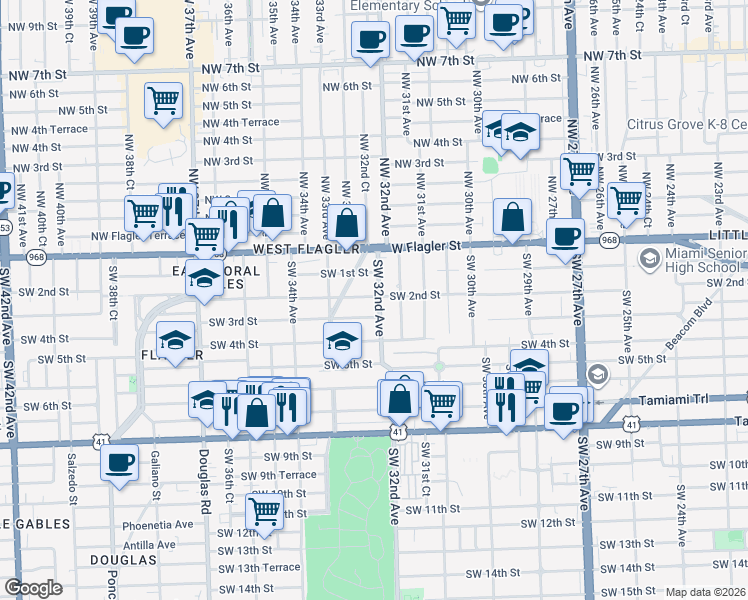 map of restaurants, bars, coffee shops, grocery stores, and more near 3242 Southwest 2nd Street in Miami