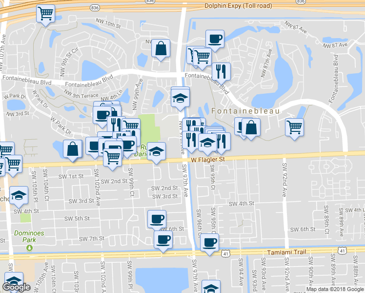 map of restaurants, bars, coffee shops, grocery stores, and more near 198 Northwest 97th Avenue in Miami