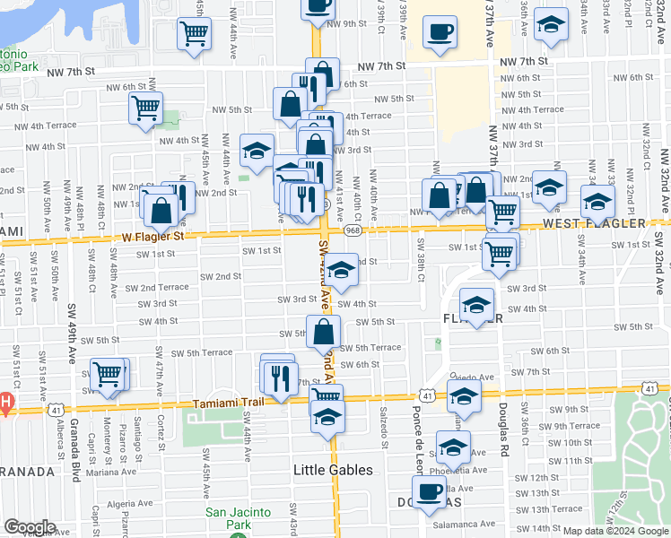 map of restaurants, bars, coffee shops, grocery stores, and more near 215 Southwest 42nd Avenue in Coral Gables