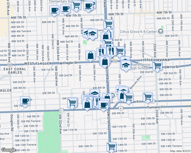 map of restaurants, bars, coffee shops, grocery stores, and more near 2836 Southwest 2nd Street in Miami
