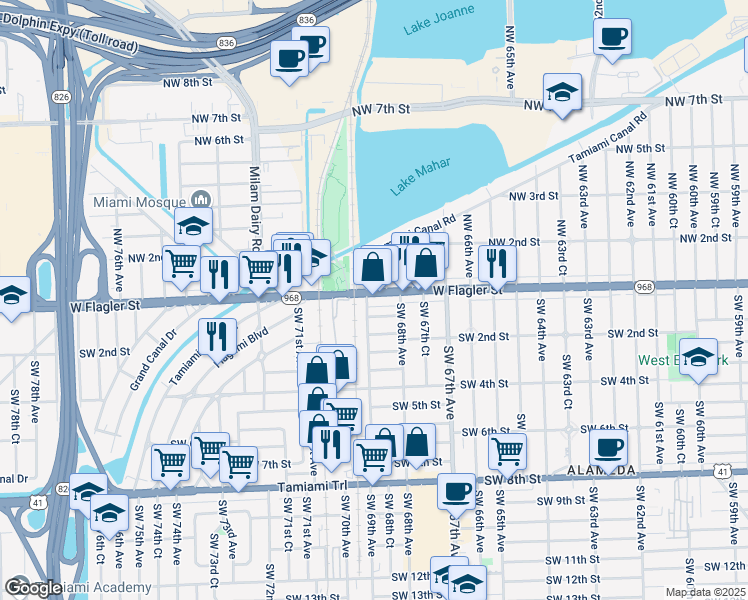 map of restaurants, bars, coffee shops, grocery stores, and more near 6886 West Flagler Street in Miami